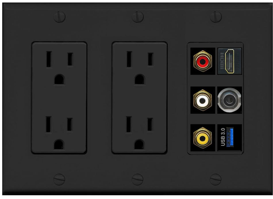 RiteAV 3xRCA Composite HDMI 3.5mm USB 3.0 Wall Plate - 2 Outlet [Black/Black]