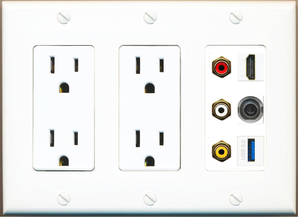 RiteAV 3xRCA Composite HDMI 3.5mm USB 3.0 Wall Plate - 2 Outlet [White]