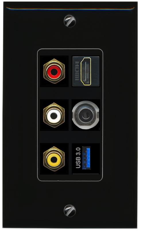 RiteAV 3xRCA Composite HDMI 3.5mm USB 3.0 Wall Plate - 1 Gang [Black/Black]