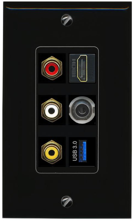 RiteAV 3xRCA Composite HDMI 3.5mm USB 3.0 Wall Plate - 1 Gang [Black/Black]
