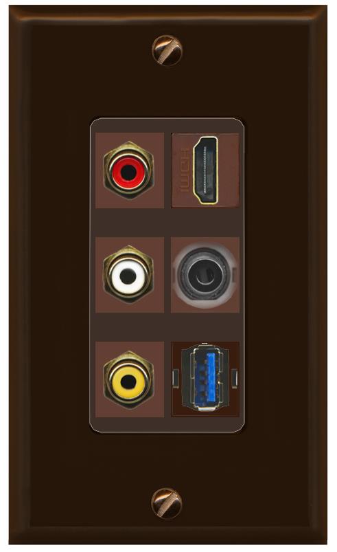 RiteAV 3xRCA Composite HDMI 3.5mm USB 3.0 Wall Plate - 1 Gang [Brown/Brown]