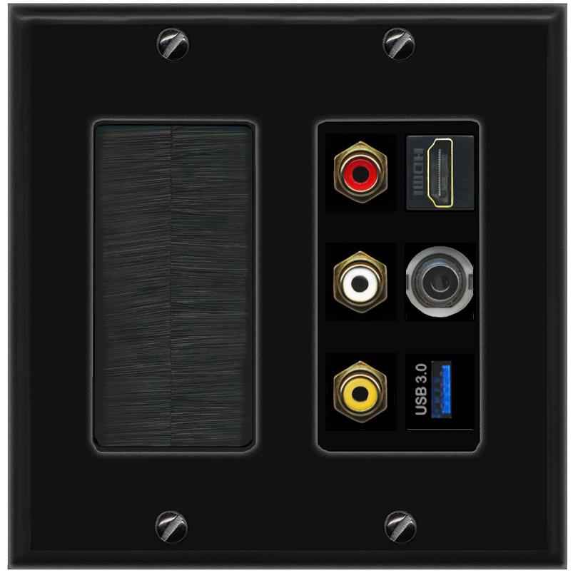 RiteAV 3xRCA Composite HDMI 3.5mm USB 3.0 Wall Plate - Brush [Black/Black]