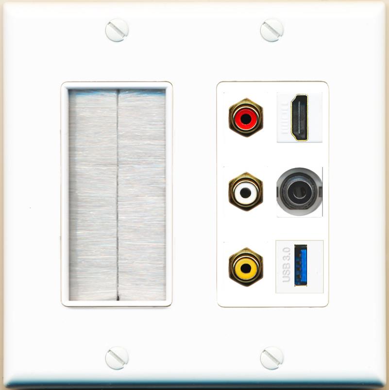 RiteAV 3xRCA Composite HDMI 3.5mm USB 3.0 Wall Plate - Brush [White]