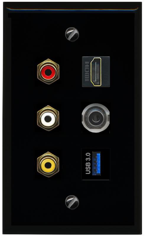 RiteAV 3xRCA Composite HDMI 3.5mm USB 3.0 Wall Plate - Flat [Black/Black]