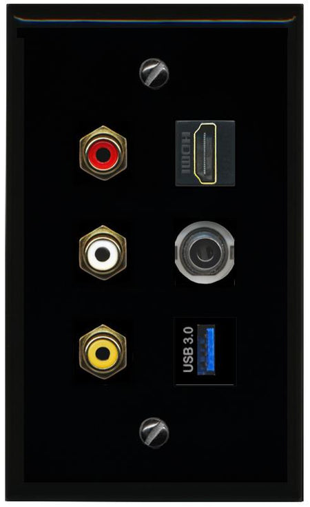 RiteAV 3xRCA Composite HDMI 3.5mm USB 3.0 Wall Plate - Flat [Black/Black]
