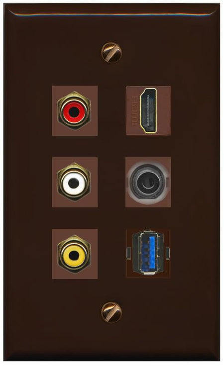 RiteAV 3xRCA Composite HDMI 3.5mm USB 3.0 Wall Plate - Flat [Brown/Brown]