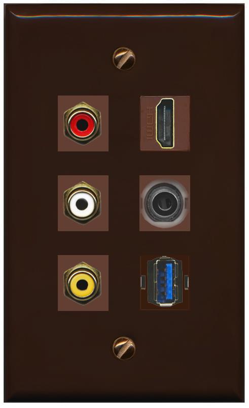 RiteAV 3xRCA Composite HDMI 3.5mm USB 3.0 Wall Plate - Flat [Brown/Brown]