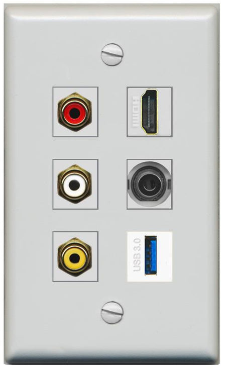 RiteAV 3xRCA Composite HDMI 3.5mm USB 3.0 Wall Plate - Flat [Gray/Gray]