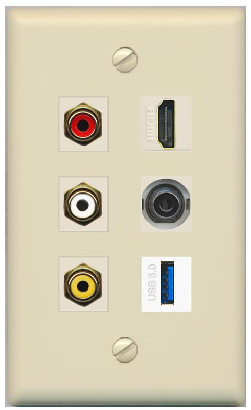 RiteAV 3xRCA Composite HDMI 3.5mm USB 3.0 Wall Plate - Flat [Ivory/Ivory]