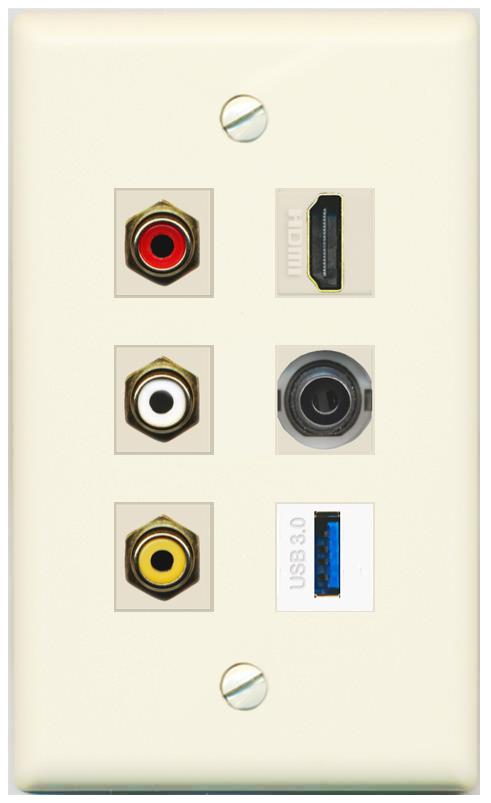 RiteAV 3xRCA Composite HDMI 3.5mm USB 3.0 Wall Plate - Flat [Light-Almond]