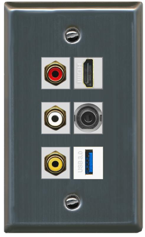 RiteAV 3xRCA Composite HDMI 3.5mm USB 3.0 Wall Plate - Flat [Stainless Steel]