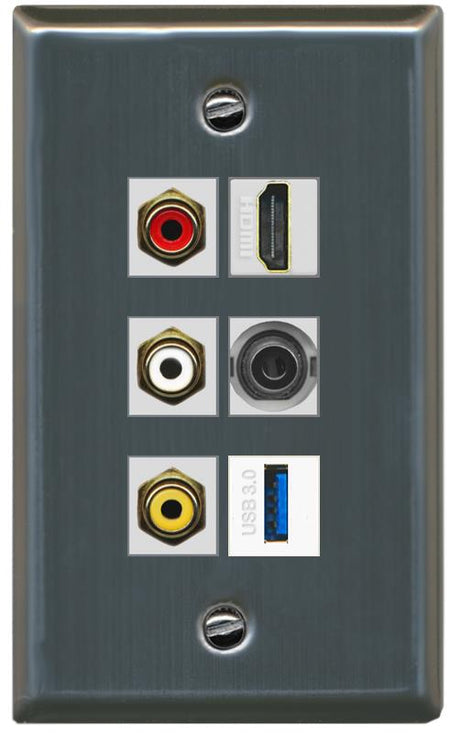 RiteAV 3xRCA Composite HDMI 3.5mm USB 3.0 Wall Plate - Flat [Stainless Steel]