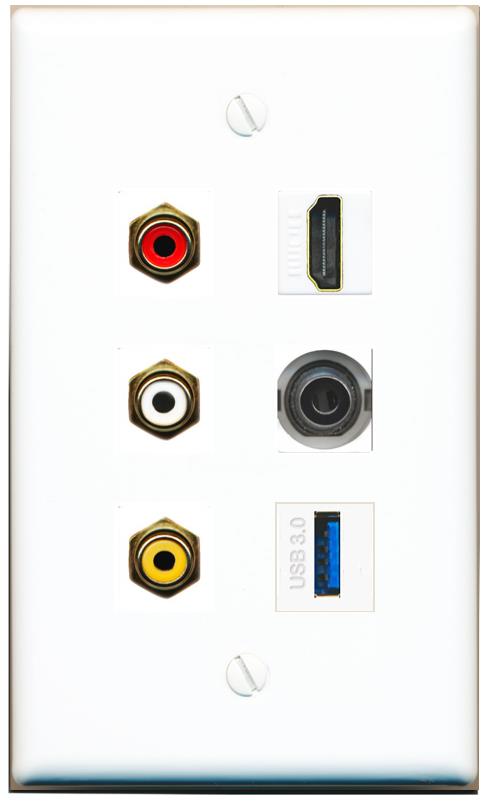 RiteAV 3xRCA Composite HDMI 3.5mm USB 3.0 Wall Plate - Flat [White]