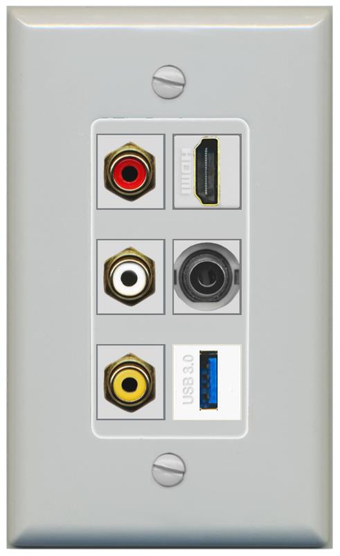 RiteAV 3xRCA Composite HDMI 3.5mm USB 3.0 Wall Plate - 1 Gang [Gray/Gray]