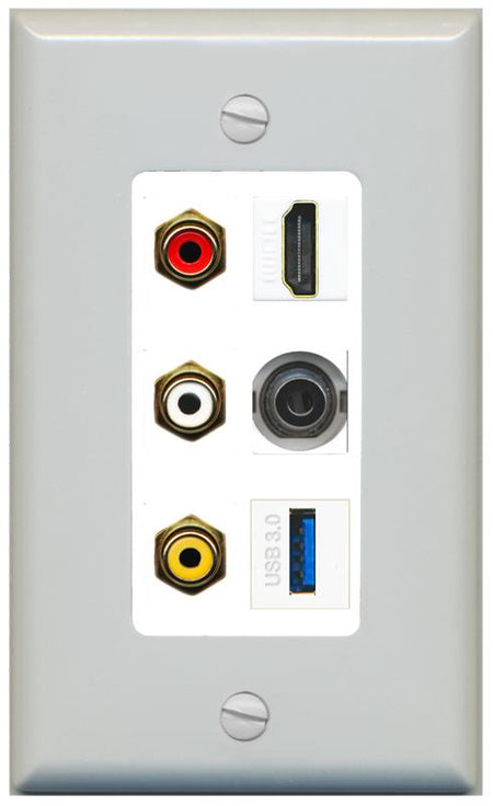 RiteAV 3xRCA Composite HDMI 3.5mm USB 3.0 Wall Plate - 1 Gang [Gray/White]