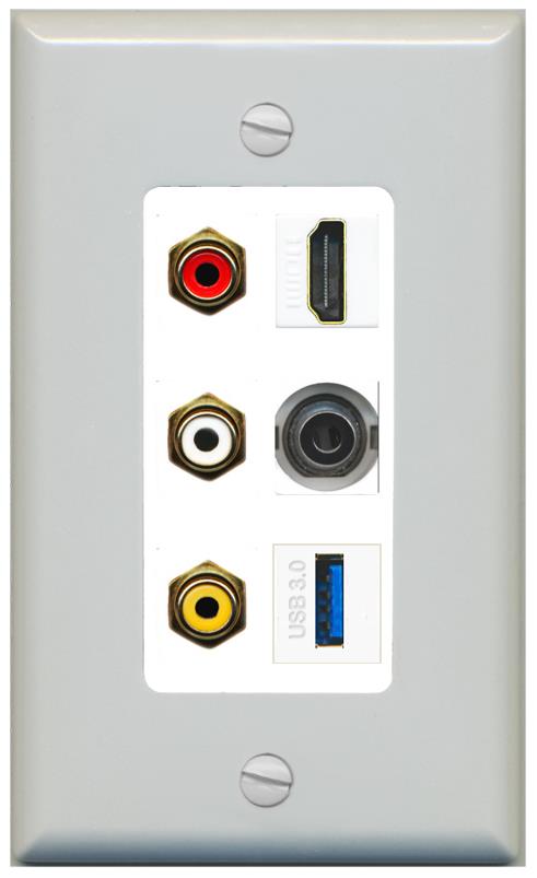 RiteAV 3xRCA Composite HDMI 3.5mm USB 3.0 Wall Plate - 1 Gang [Gray/White]