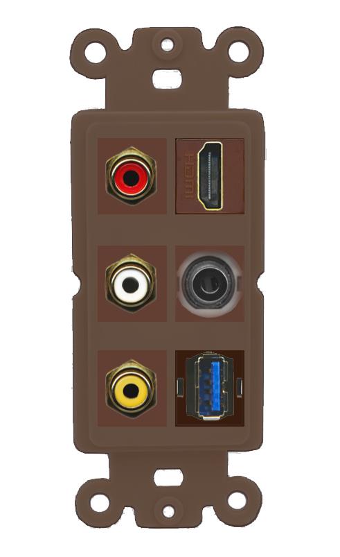 RiteAV 3xRCA Composite HDMI 3.5mm USB 3.0 Wall Plate - Rocker [Brown/Brown]