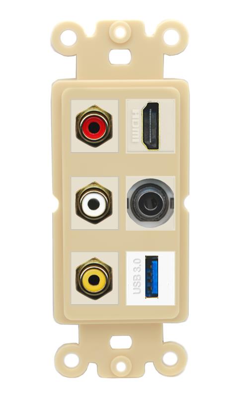RiteAV 3xRCA Composite HDMI 3.5mm USB 3.0 Wall Plate - Rocker [Ivory/Ivory]