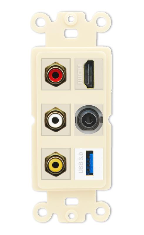 RiteAV 3xRCA Composite HDMI 3.5mm USB 3.0 Wall Plate - Rocker [Light-Almond]