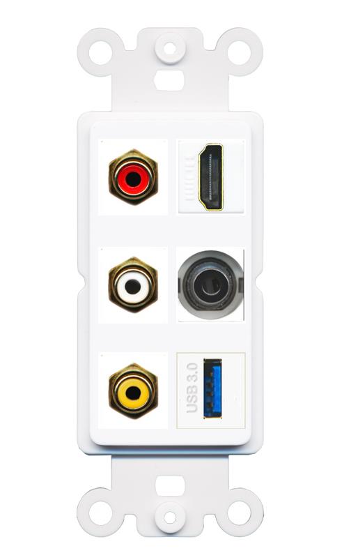 RiteAV 3xRCA Composite HDMI 3.5mm USB 3.0 Wall Plate - Rocker [White]