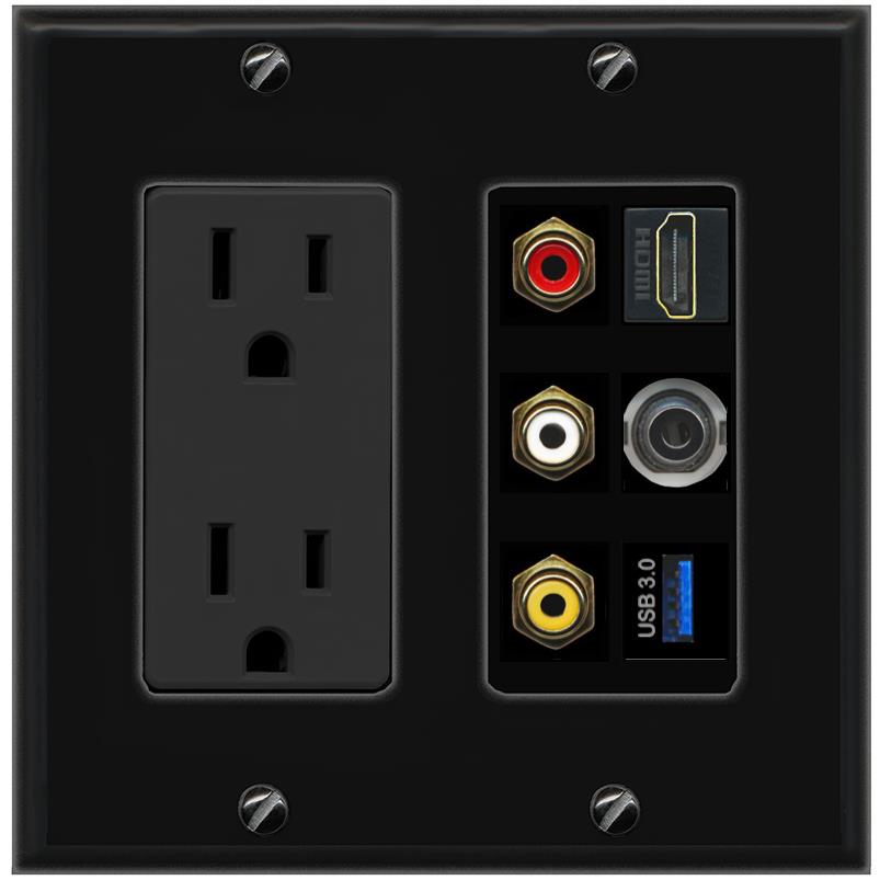 RiteAV 3xRCA Composite HDMI 3.5mm USB 3.0 Wall Plate - Outlet [Black/Black]