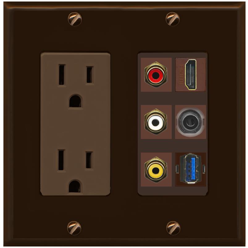 RiteAV 3xRCA Composite HDMI 3.5mm USB 3.0 Wall Plate - Outlet [Brown/Brown]