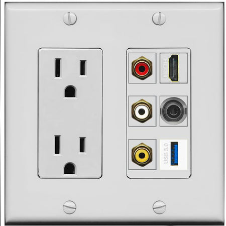 RiteAV 3xRCA Composite HDMI 3.5mm USB 3.0 Wall Plate - Outlet [Gray/Gray]