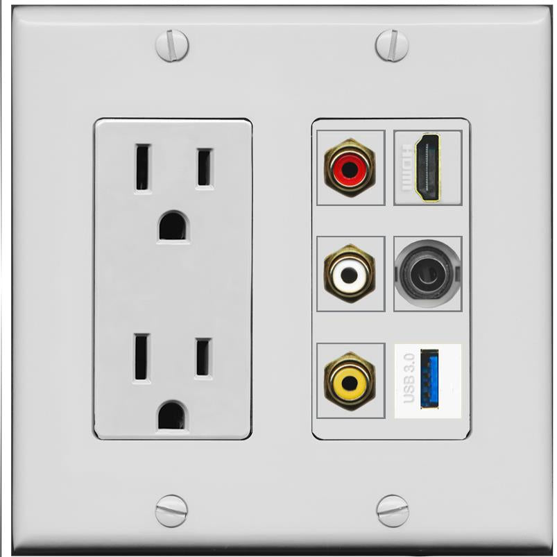 RiteAV 3xRCA Composite HDMI 3.5mm USB 3.0 Wall Plate - Outlet [Gray/Gray]