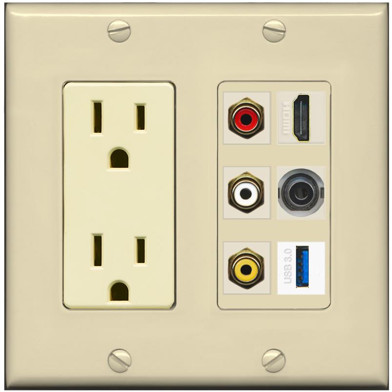 RiteAV 3xRCA Composite HDMI 3.5mm USB 3.0 Wall Plate - Outlet [Ivory/Ivory]