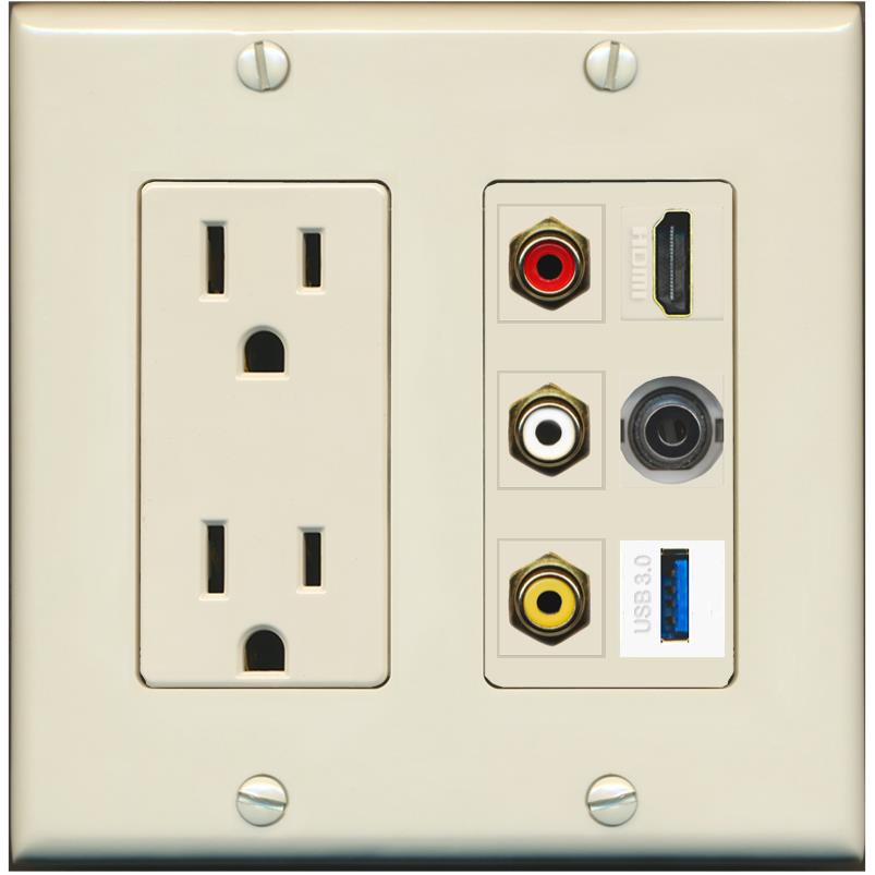 RiteAV 3xRCA Composite HDMI 3.5mm USB 3.0 Wall Plate - Outlet [Light-Almond]