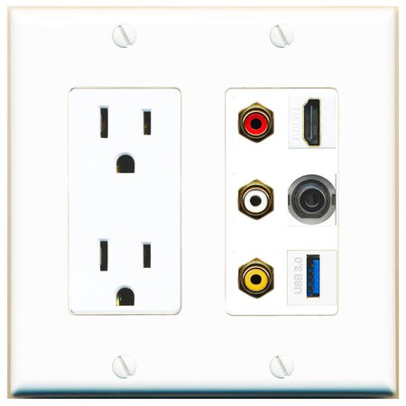 RiteAV 3xRCA Composite HDMI 3.5mm USB 3.0 Wall Plate - Outlet [White]