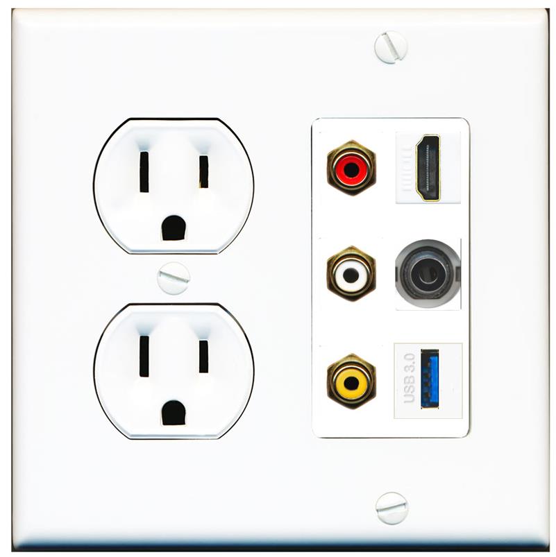 RiteAV 3xRCA Composite HDMI 3.5mm USB 3.0 Wall Plate - Round Outlet [White]