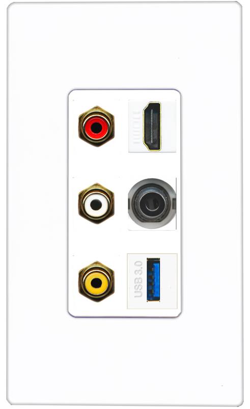 RiteAV 3xRCA Composite HDMI 3.5mm USB 3.0 Wall Plate - 1 Gang [Screwless White]