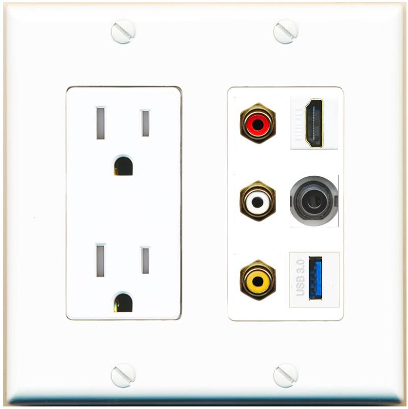 RiteAV 3xRCA Composite HDMI 3.5mm USB 3.0 Wall Plate - Tamper-Res [White]