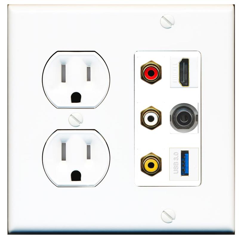 RiteAV 3xRCA Composite HDMI 3.5mm USB 3.0 Wall Plate - Tamper Proof [White]
