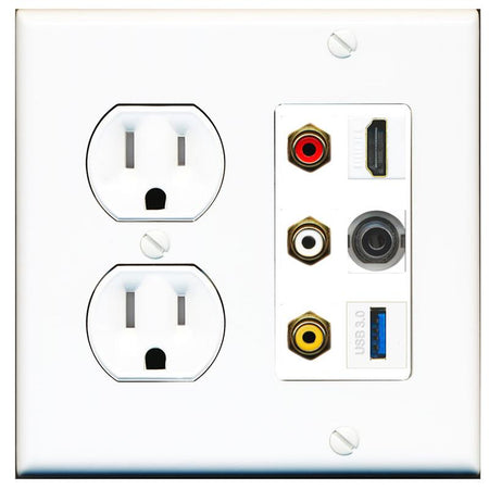 RiteAV 3xRCA Composite HDMI 3.5mm USB 3.0 Wall Plate - Tamper Proof [White]