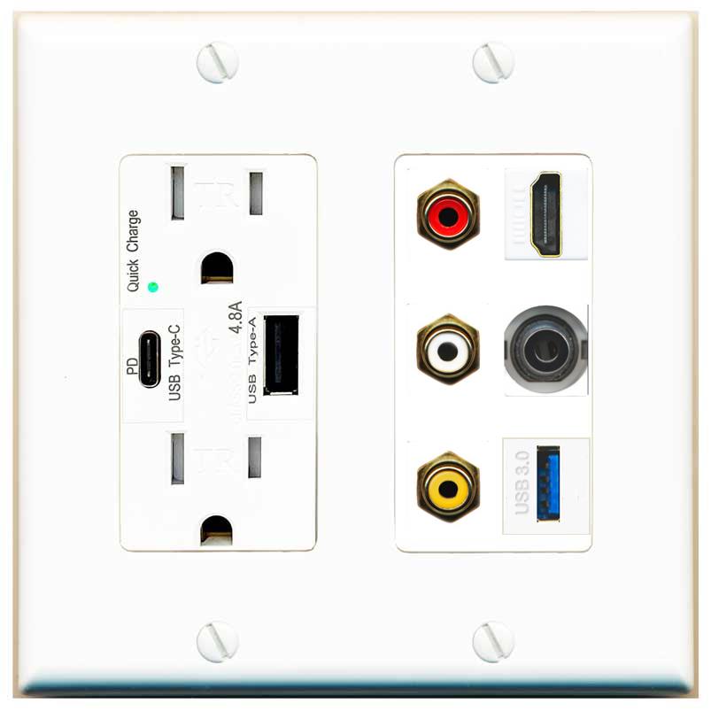 RiteAV 3xRCA Composite HDMI 3.5mm USB 3.0 Wall Plate - USB AC Charger [White]