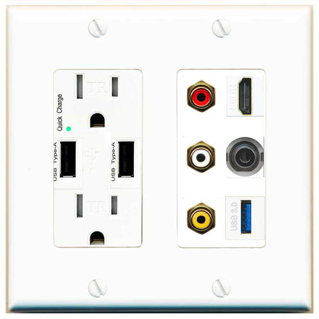RiteAV 3xRCA Composite HDMI 3.5mm USB 3.0 Wall Plate - USB Charger [White]