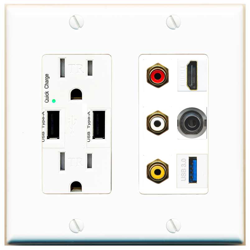 RiteAV 3xRCA Composite HDMI 3.5mm USB 3.0 Wall Plate - USB Charger [White]