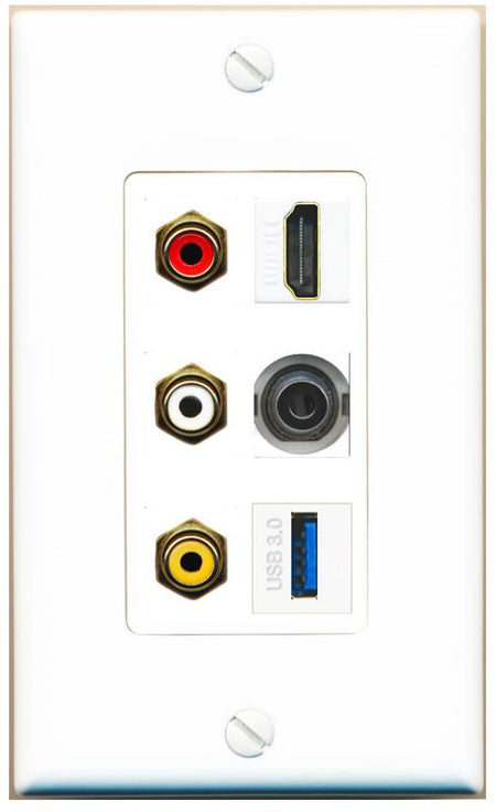 RiteAV 3xRCA Composite HDMI 3.5mm USB 3.0 Wall Plate - 1 Gang [White]