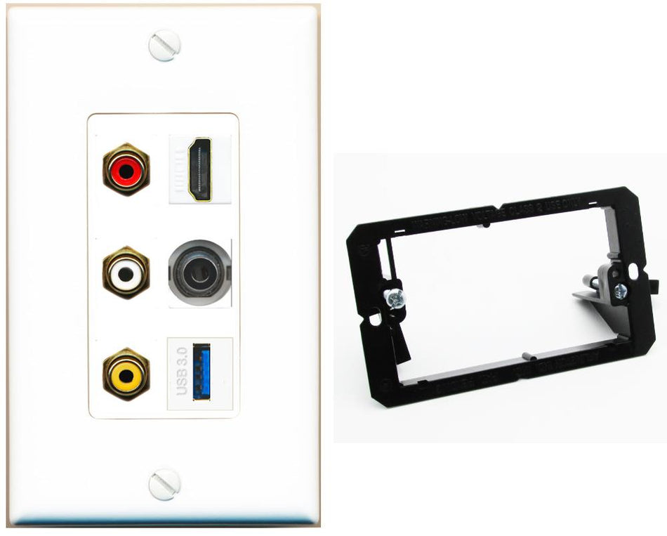 RiteAV 3xRCA Composite HDMI 3.5mm USB 3.0 Wall Plate - Bracket [White]