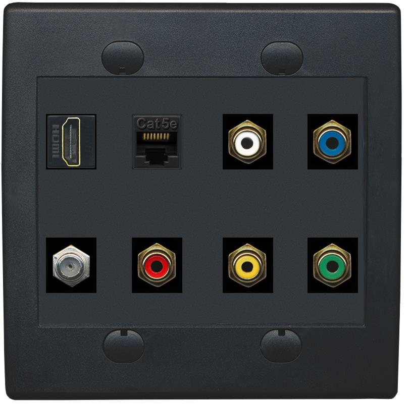 RiteAV 5 x RCA (Red-White-Yellow-Green-Blue) Composite Component Wall Plate with HDMI Cat5e and Coax F Type - Flat 2 Gang [Black/Black]