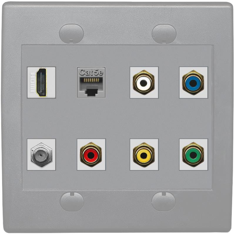 RiteAV 5 x RCA (Red-White-Yellow-Green-Blue) Composite Component Wall Plate with HDMI Cat5e and Coax F Type - Flat 2 Gang [Gray/Gray]