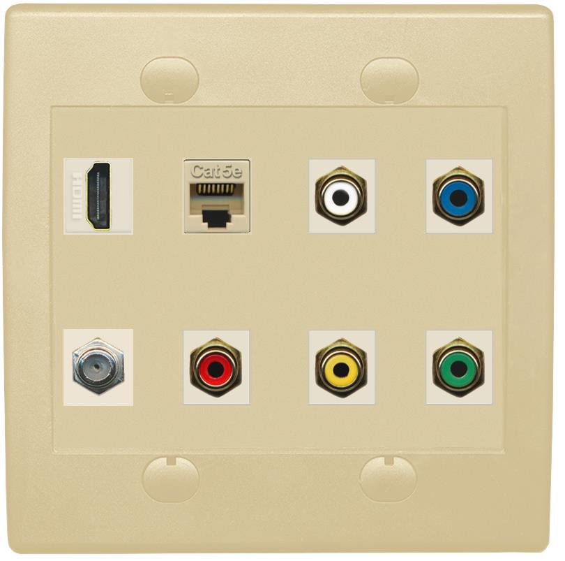 RiteAV 5 x RCA (Red-White-Yellow-Green-Blue) Composite Component Wall Plate with HDMI Cat5e and Coax F Type - Flat 2 Gang [Ivory/Ivory]