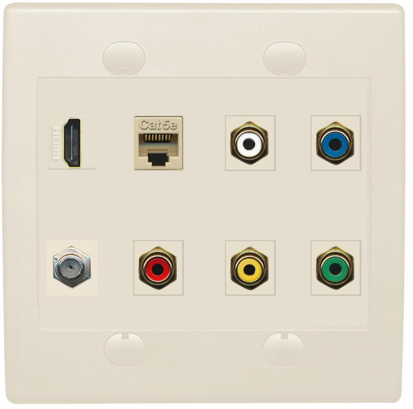 RiteAV 5 x RCA (Red-White-Yellow-Green-Blue) Composite Component Wall Plate with HDMI Cat5e and Coax F Type - Flat 2 Gang [Light Almond]