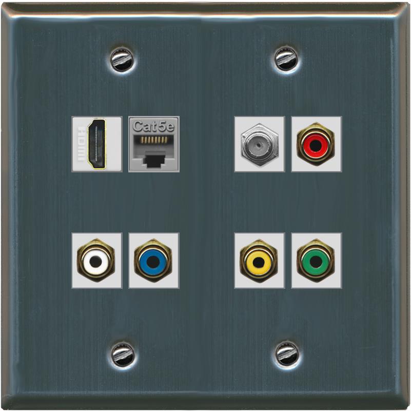 RiteAV 5 x RCA (Red-White-Yellow-Green-Blue) Composite Component Wall Plate with HDMI Cat5e and Coax F Type - Flat 2 Gang [Stainless Steel]