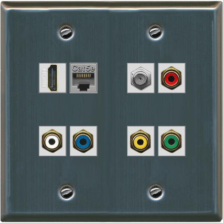 RiteAV 5 x RCA (Red-White-Yellow-Green-Blue) Composite Component Wall Plate with HDMI Cat5e and Coax F Type - Flat 2 Gang [Stainless Steel]