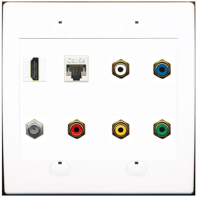 RiteAV 5 x RCA (Red-White-Yellow-Green-Blue) Composite Component Wall Plate with HDMI Cat5e and Coax F Type - Flat 2 Gang [White]