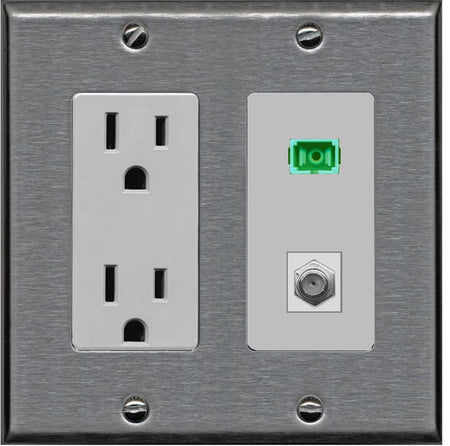 RiteAV 1 Port SC-APC Fiber Simplex Coax Cable TV Wall Plate - Outlet [Stainless/Gray]