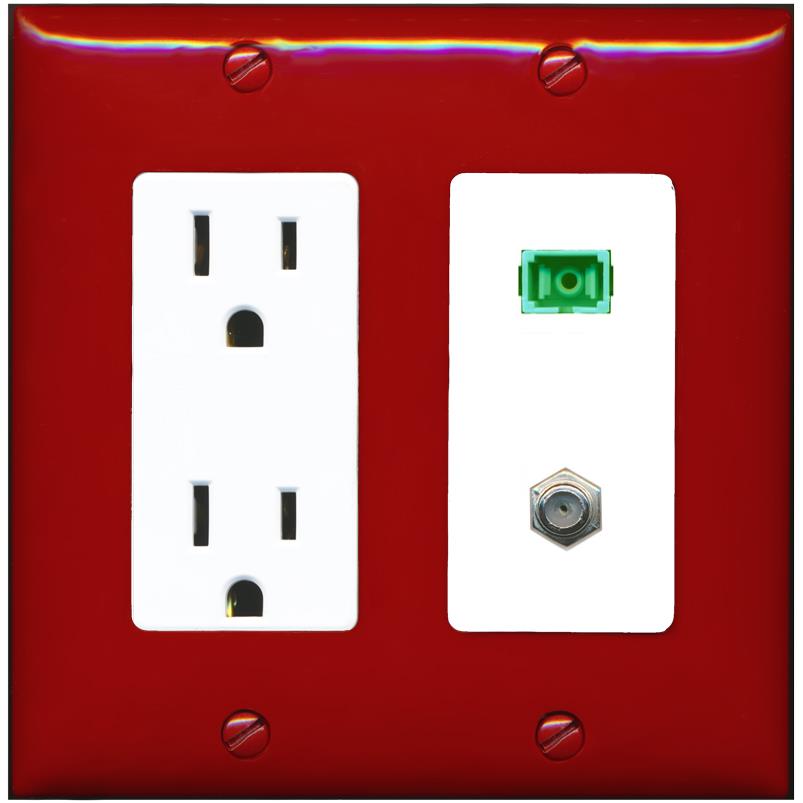 RiteAV 1 Port SC-APC Fiber Simplex Coax Cable TV Wall Plate - Outlet [Red/White]